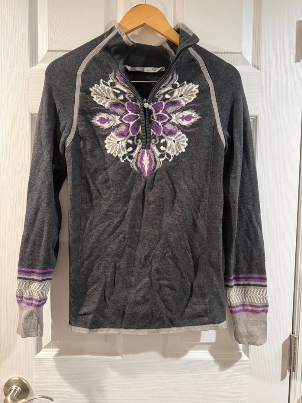 Athleta Charcoal Gray & Purple Design Zip-Up Sweater - Size Small